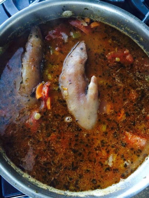 Lentil soup, with a pig's foot waving hello.