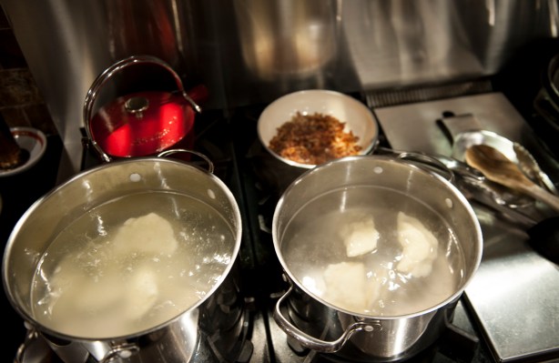 Two pots of boiling salted water: one for the meat-filled koldūnai, and one for the mac-and-cheese filled koldūnai.