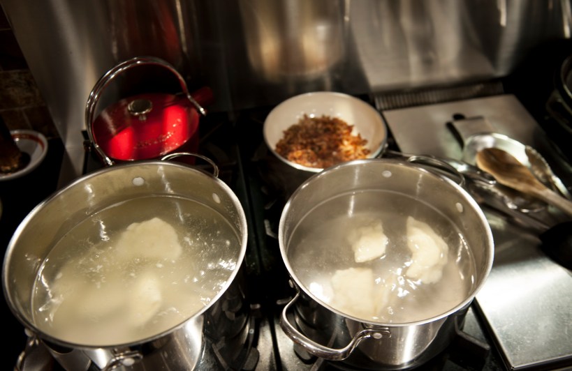 Two pots of boiling salted water: one for the meat-filled koldūnai, and one for the mac-and-cheese filled koldūnai.