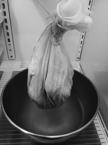 Cheesecloth bundle dripping overnight in the fridge.