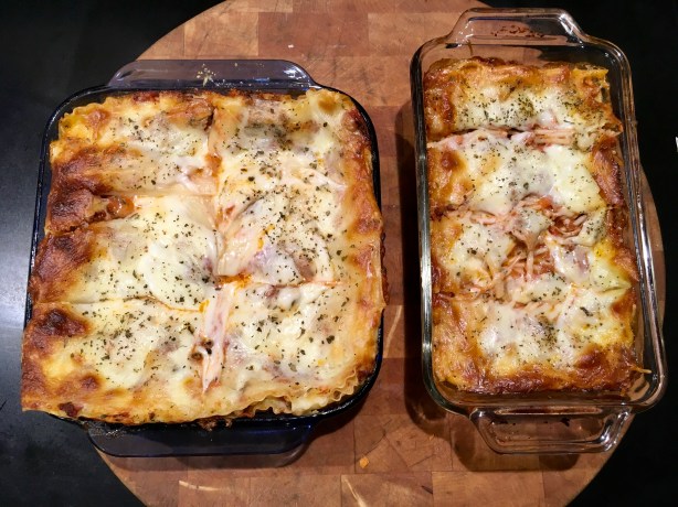Basic lasagna on the left, gluten-free on the right. I couldn't find GF lasagna sheets, so I used bundles of spaghetti! It worked really well!